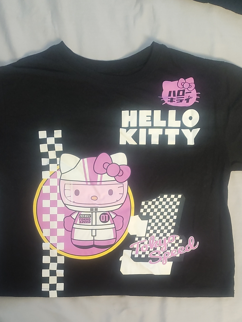 Love Tribe Black Hello Kitty Racing Graphic Tee with Pink and Yellow Accents